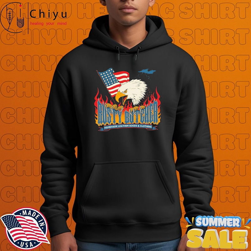 Rusty Butcher Fired Up Handmade Leather Goods Eagle Flames American Flag T-shirts Rusty Butcher Fired Up Handmade Leather Goods Eagle Flames American Flag T-shirts