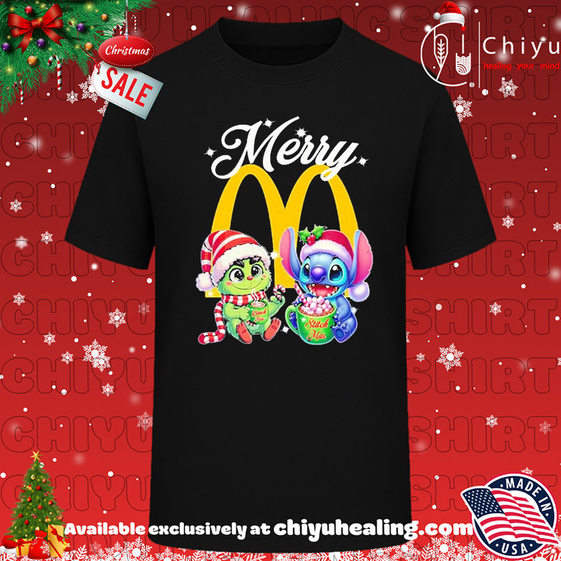 Stitch and Grinch merry Christmas X McDonald's logo shirt, Hoodie, Sweatshirt, Poster Canvas, Mug, Ornaments