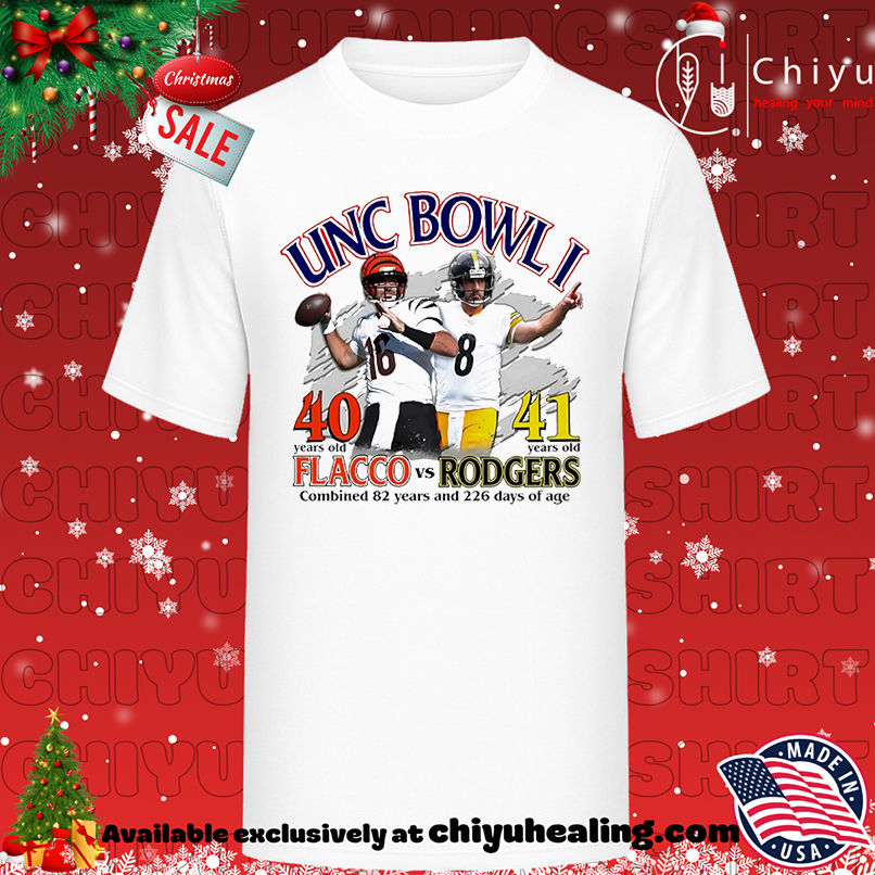Unc Bowl I Flacco vs Rofgers combined 82 years and 226 days of age shirt, Hoodie, Sweatshirt, Poster Canvas, Mug, Ornaments
