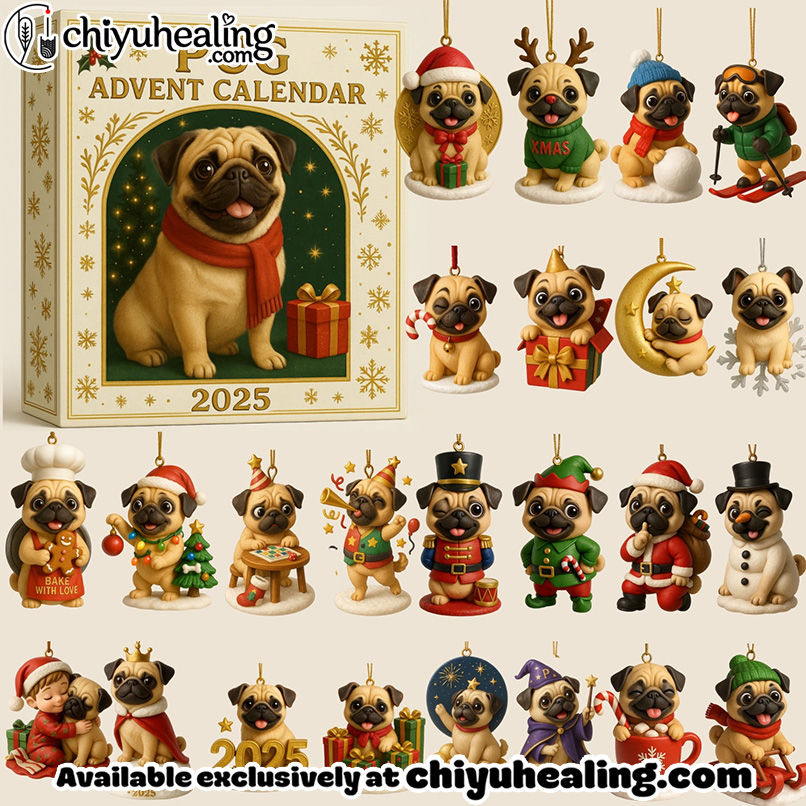 2025 Pug Advent Calendar, Christmas Countdown Advent Calendar Gift Box with 24 Acrylic Ornaments