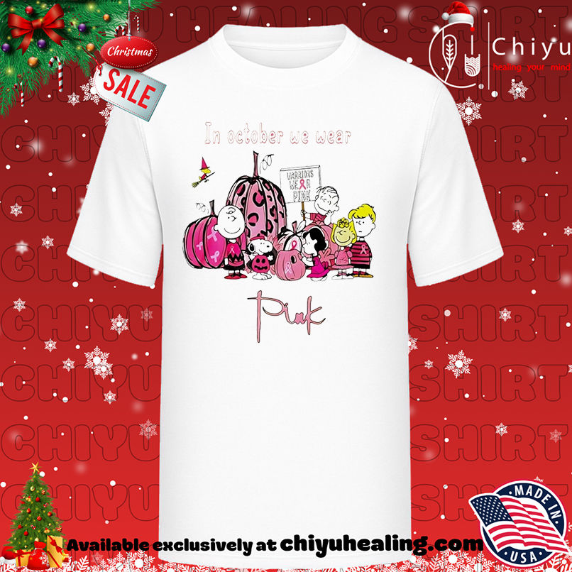 Peanut snoopy charlie brown friends in october we wear pink halloween breast cancer awareness shirt, Hoodie, Sweatshirt, Poster Canvas, Mug, Ornaments