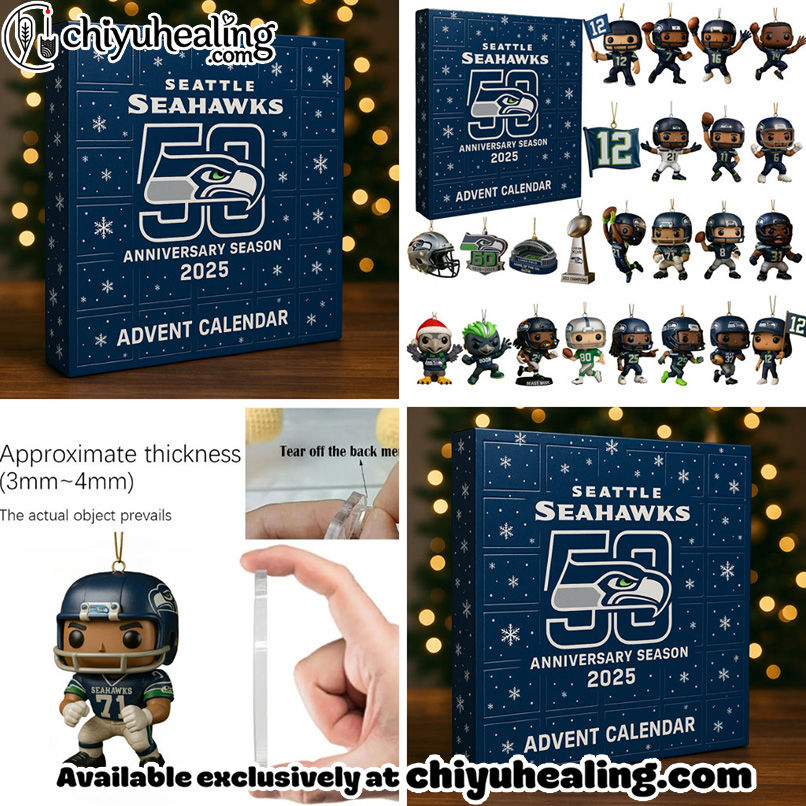 Seattle Seahawks Advent Calendar 2025 50TH ANNIVERSARY Christmas Gift, Christmas Idea, Christmas Countdown Advent Calendar Gift Box with 24 Acrylic Ornaments